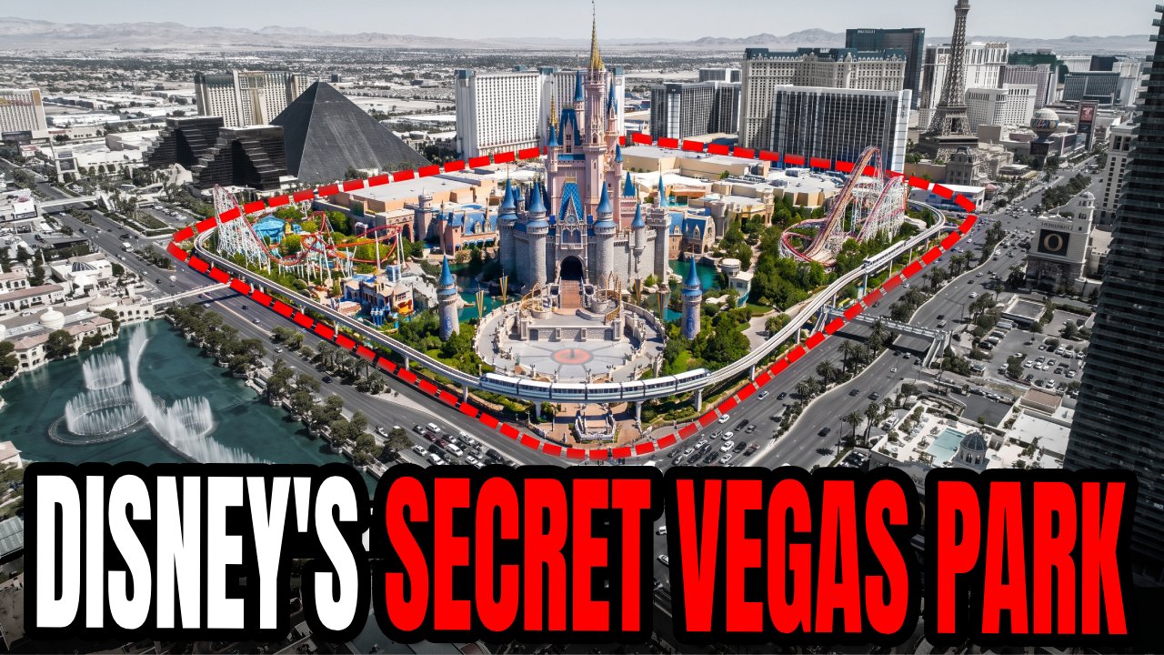 Conceptual artwork and Las Vegas Strip imagery representing Disney's reported 1990s theme park proposal.